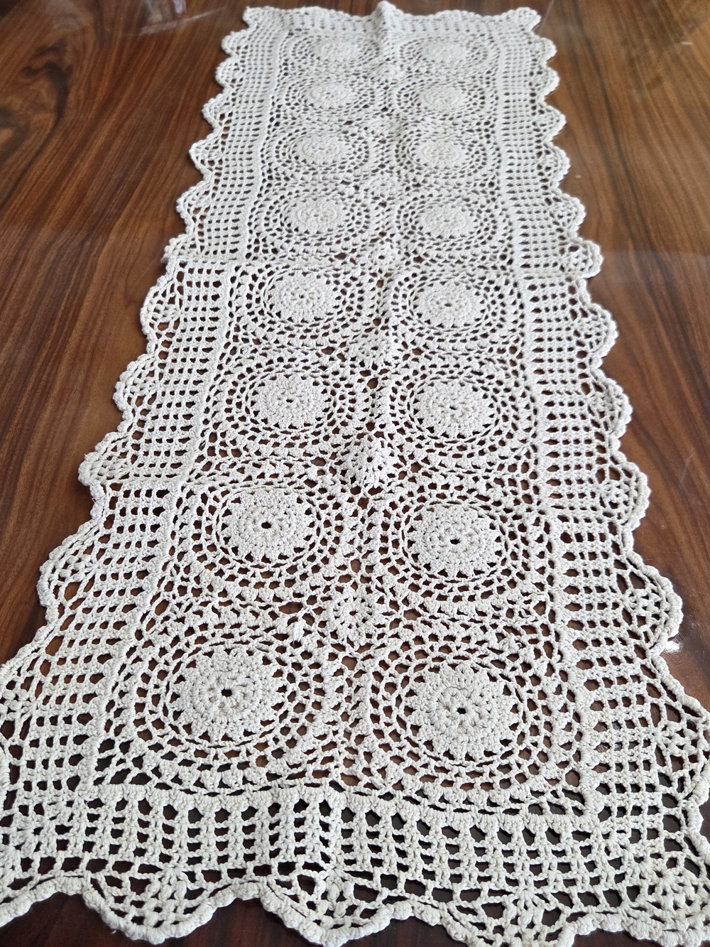 Vintage Handmade Crochet Table Runner in Cream 34.5"x12"